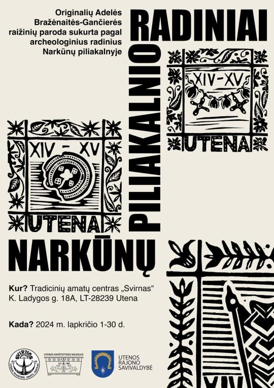 2024 m. lapkričio 1–30 d. Tradicinių amatų centre „Svirnas“ Adelės Bražėnaitės–Gančierės lino raižinių paroda „NARKŪNŲ PILIAKALNIO RADINIAI“