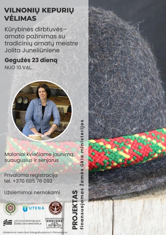 2026 m. gegužės 23 d. 10 val. Tradicinių amatų centre „Svirnas“ vilnonių kepurių vėlimo edukacija su Tradicinių amatų meistre Jolita Juneliūniene