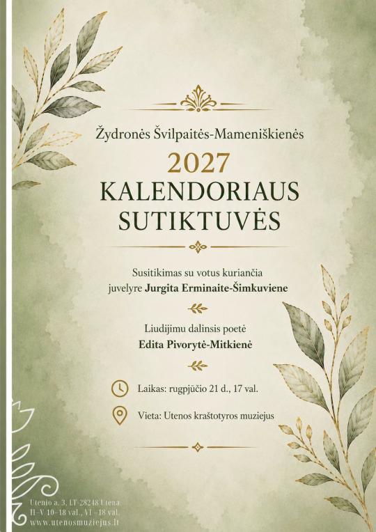Rugpjūčio 21 d., 17 val., Panevėžio vyskupijos 100-mečio išvakarėse, muziejuje vyks Žydronės Švilpaitės-Mameniškienės 2027 m. kalendoriaus sutiktuvės.
